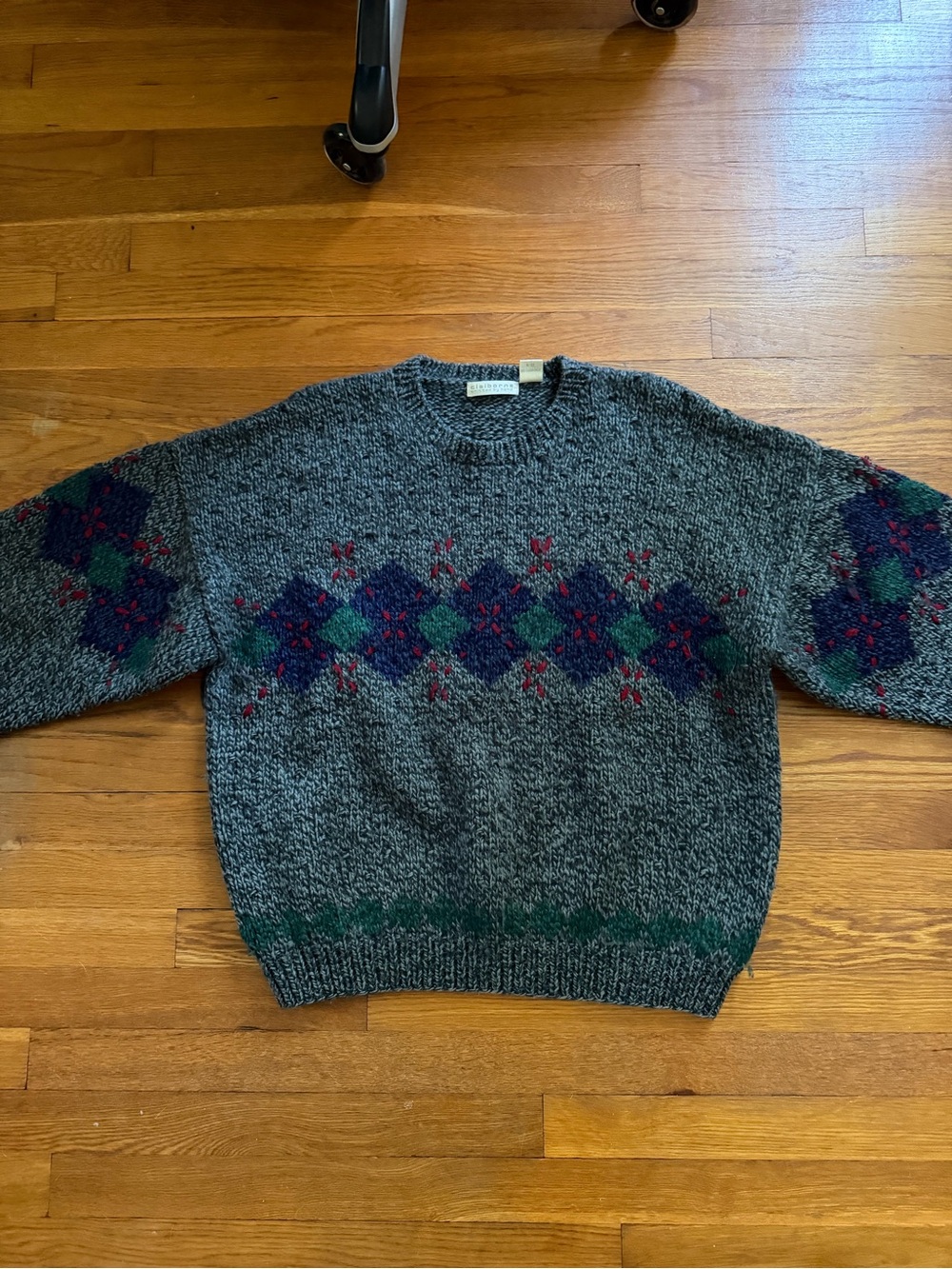 Claiborne Gray Crewneck Sweater with Navy & Green Fair Isle Detail
